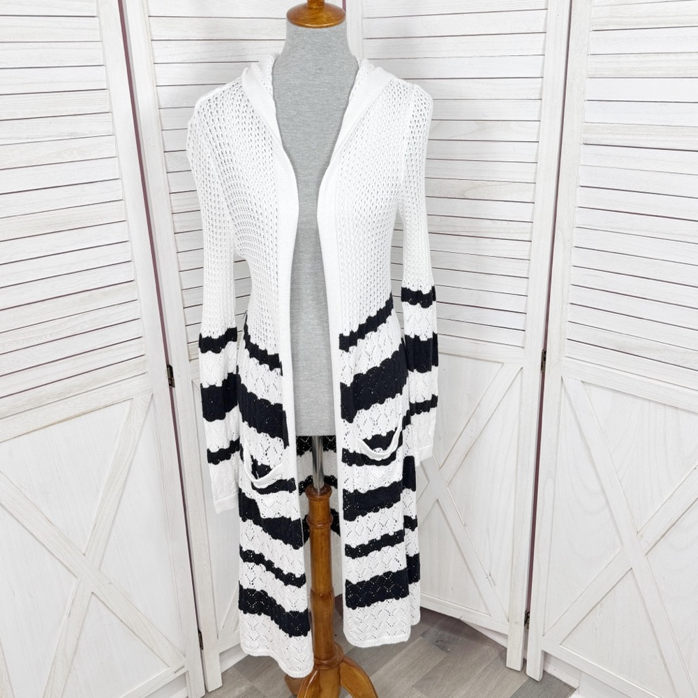 Belldini Crochet‎ Pointelle Striped Duster Cardigan Sweater White Black Medium